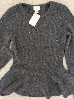H&M Dark Gray Ribbed Beaded Peplum Sweater